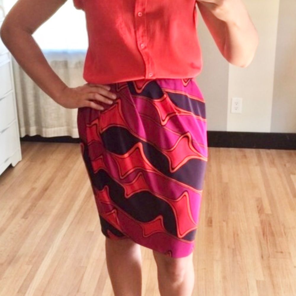Max Mara Pink Orange Printed Silk Wrap Skirt Size 12